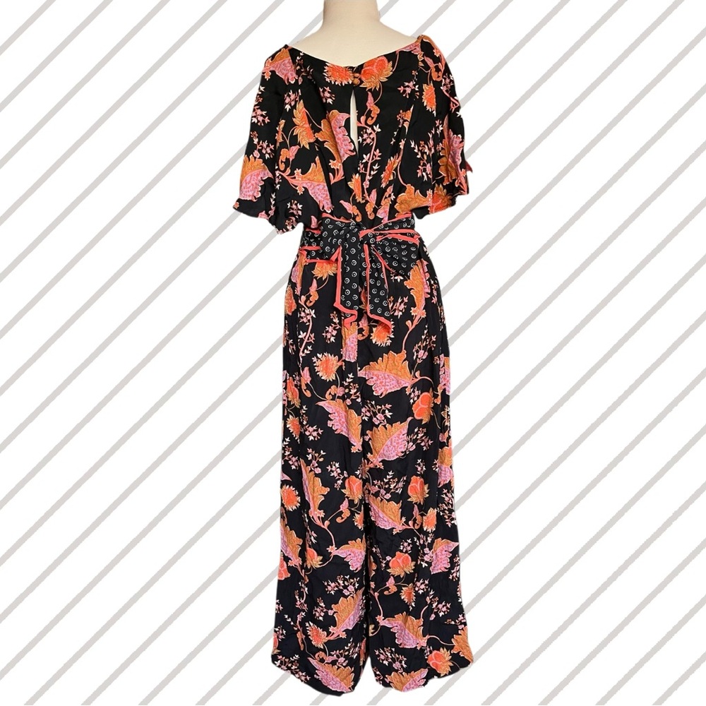 Maeve for Anthropologie Black w/ Orange & Coral Floral Belted Botanical Jumpsuit - Picture 5 of 7